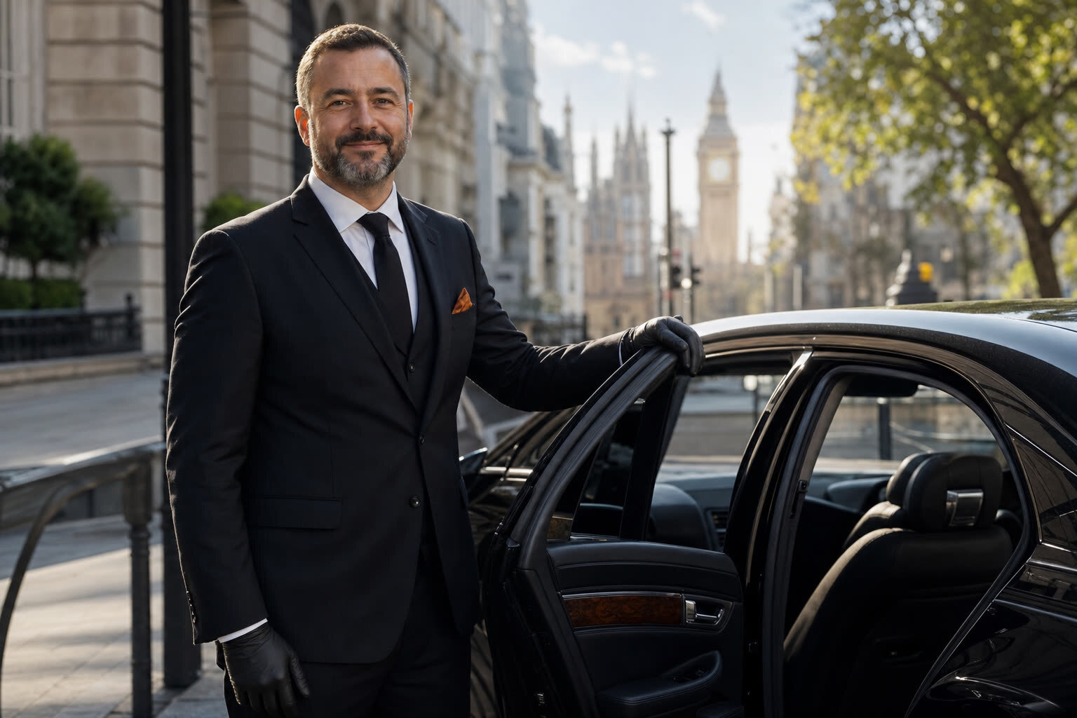A V Cab chauffeur ready to assist a passenger