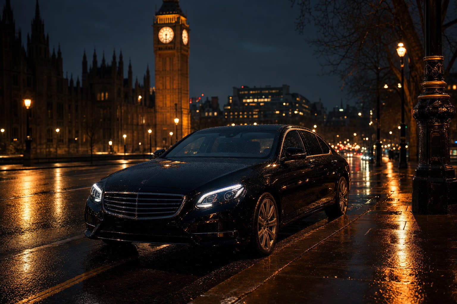 A premium black taxi at Westminster on a rain-slicked London evening